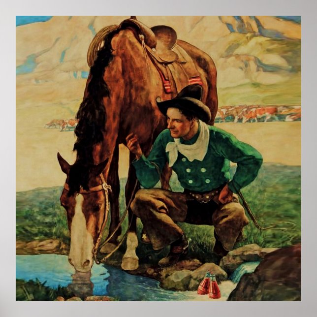 Cowboy Watering Seines Pferdes durch NC Wyeth Poster (Vorne)