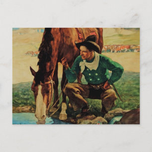 Cowboy Watering Seines Pferdes durch NC Wyeth Postkarte