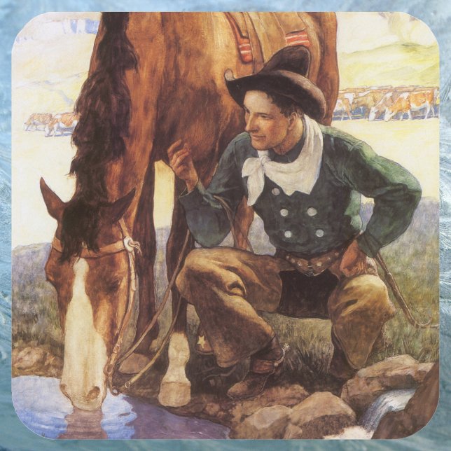 Cowboy Watering Seines Pferdes durch NC Wyeth, Vin Quadratischer Aufkleber (Von Creator hochgeladen)