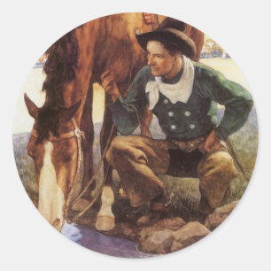 Cowboy Watering Seines Pferdes durch NC Wyeth, Vin Runder Aufkleber