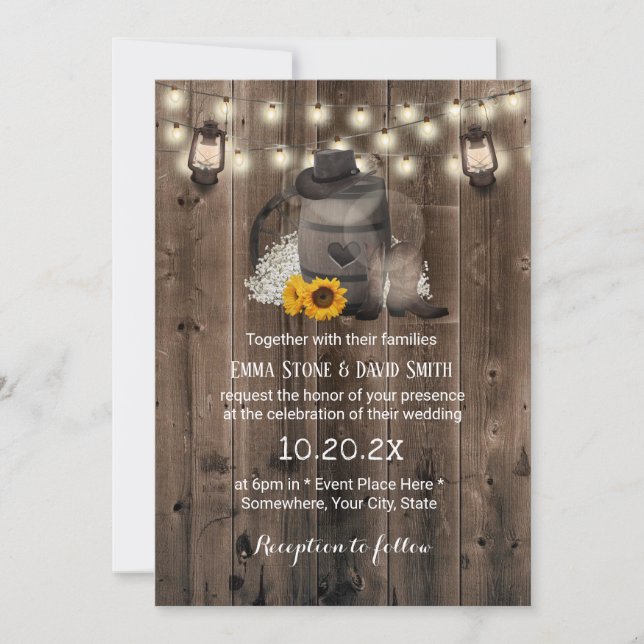 Cowboy Wedding Sunflower Lantern Rustic Barn Wood Einladung (Vorderseite)