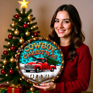 Cowboy-Weihnachten roter Lastwagen Große Wanduhr