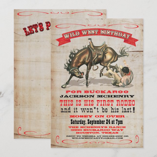 Cowboy Western 1. Geburtstag Party Einladungen (Vorne/Hinten)