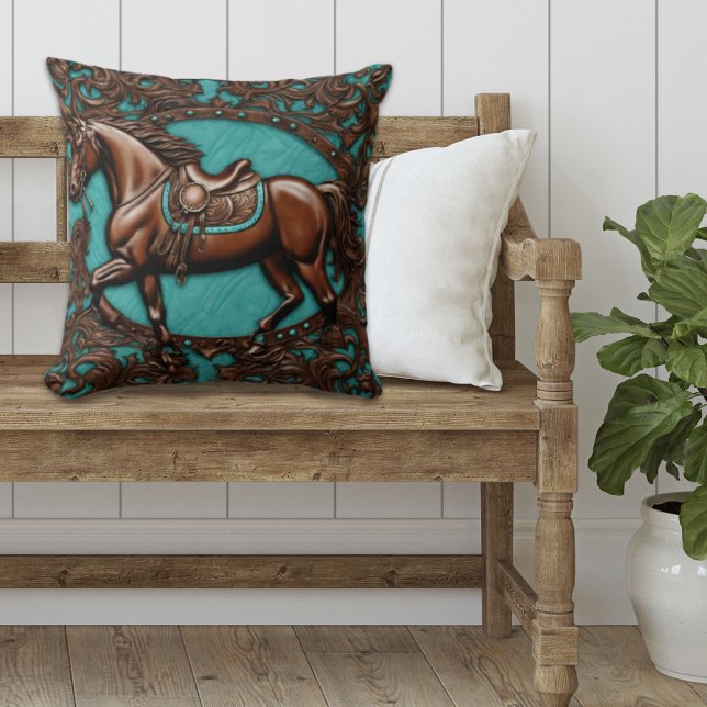 Cowboy Western Country Reittier Brown Pferd Kissen (western country brown horse teal throw pillow)