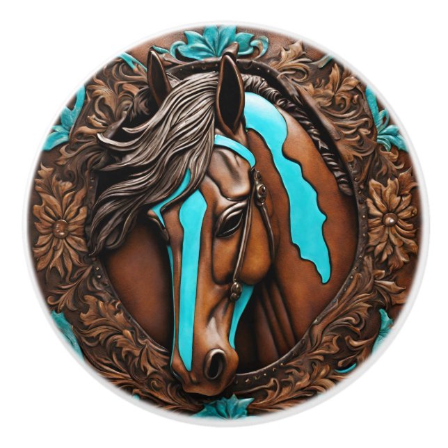 Cowboy Western Country Turquoise Brown Horse Keramikknauf (Vorderseite)