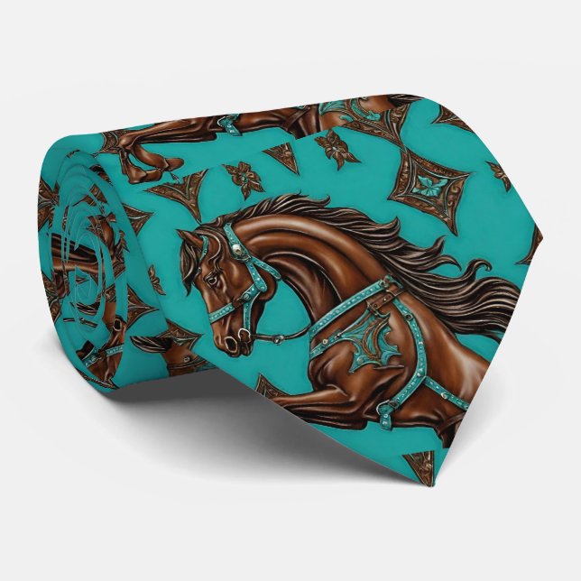 Cowboy Western Country Turquoise Brown Horse Krawatte (Gerollt)