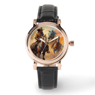 Cowboy Western Horses blue Tan Collage Armbanduhr