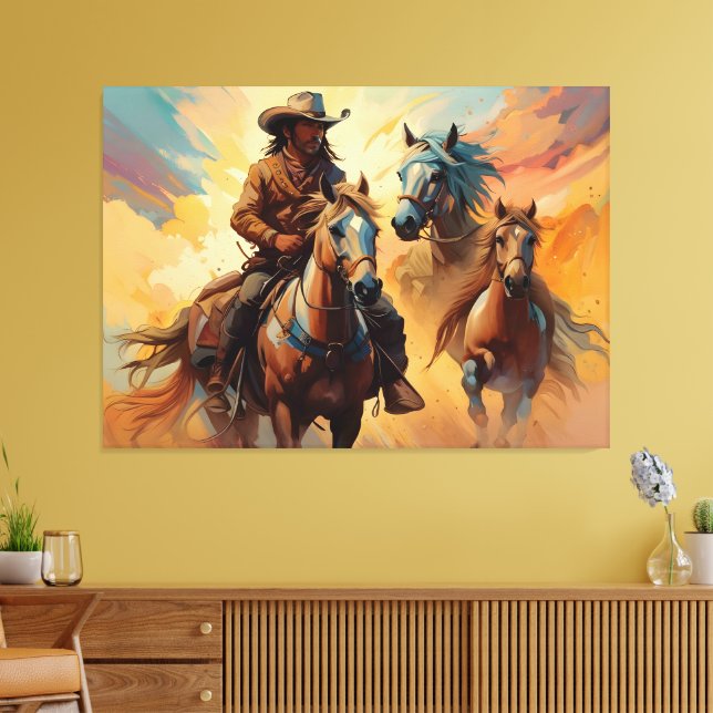 Cowboy Western Horses blue Tan Collage Leinwanddruck (Insitu (Wohnzimmer))