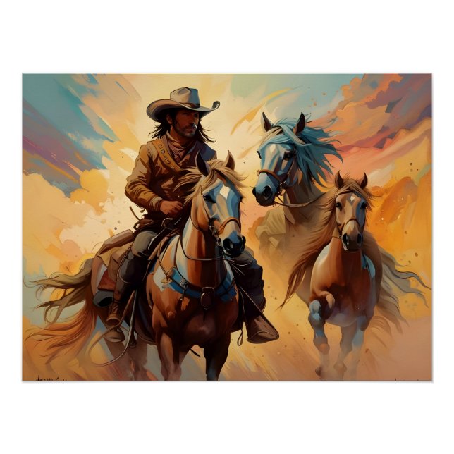 Cowboy Western Horses blue Tan Collage Poster (Vorderseite)