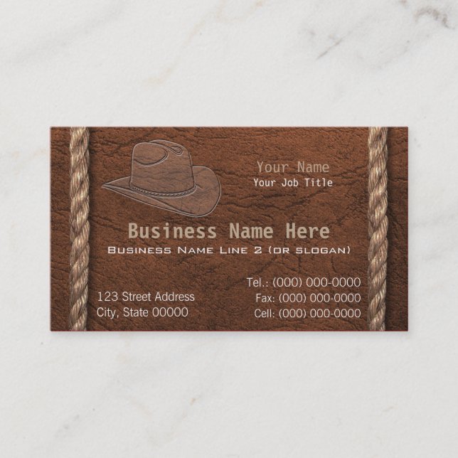 Cowboy-/Western-Imitat bearbeitete Leder u. Seil Visitenkarte (Vorderseite)