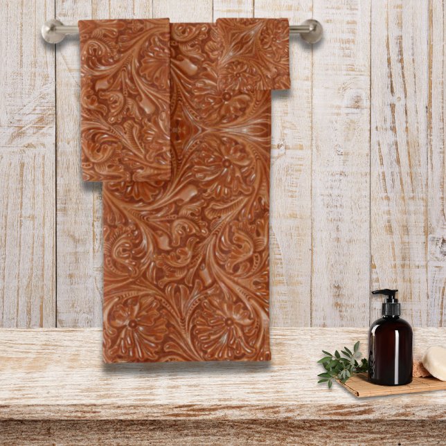 Cowboy-Western-Landmuster aus geflochtenem Leder Badhandtuch Set (cowboy western country pattern tooled leather bath towel set)