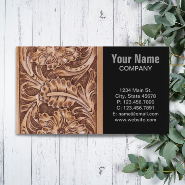 Cowboy-Western-Landmuster aus geflochtenem Leder Visitenkarte (cowboy western country pattern tooled leather business card)