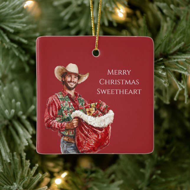 Cowboy Western Man Santa Hat Christmas   Keramikornament (Baum)
