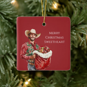 Cowboy Western Mann Santa Hut Weihnachten Keramikornament