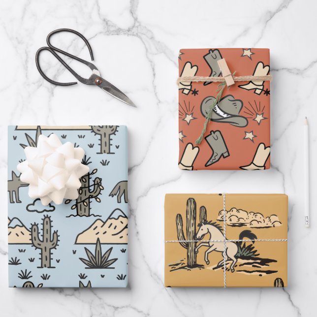Cowboy Western Rodeo Handgezeichnete Doodle Geschenkpapier Set (Vorderseite)