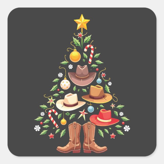 Cowboy Western Weihnachtsbaum Santa Quadratischer Aufkleber (Vorderseite)