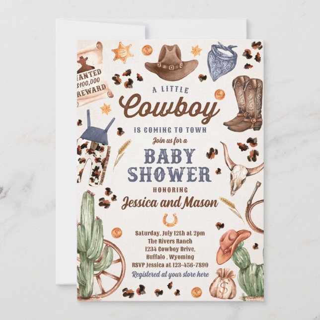 Cowboy Wild West Rodeo Ranch Boy Baby Dusche Einladung (Vorderseite)