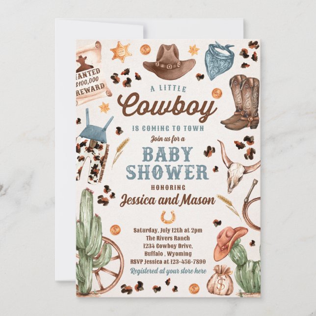 Cowboy Wild West Rodeo Ranch Boy Baby Dusche Einladung (Vorderseite)