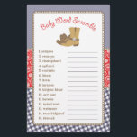 Cowboy Word Scramble Baby Showroom Flyer<br><div class="desc">Dieses Baby-Duschspiel-Design verfügt über Cowboystiefel und einen Cowboyhut auf Gingham- und Paisley-Hintergrund. Die Kollektion der Koordinationsprodukte ist in unserem Shop, zazzle.com/doodlelulu*, erhältlich. Kontaktieren Sie uns, wenn Sie dieses Design für ein bestimmtes Produkt verwenden möchten, um Ihr eigenes, einzigartiges Passwort zu erstellen! Vielen Dank, dass Sie ein DoodleLulu von 2. Juni...</div>