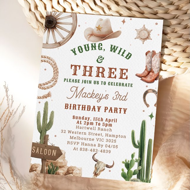 Cowboy Young Wild & Three Birthday Invitation  Einladung (Von Creator hochgeladen)