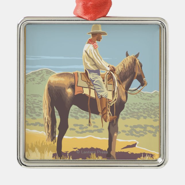Cowboy-zu Pferd - Glacier Nationalpark, Silbernes Ornament (Vorne)
