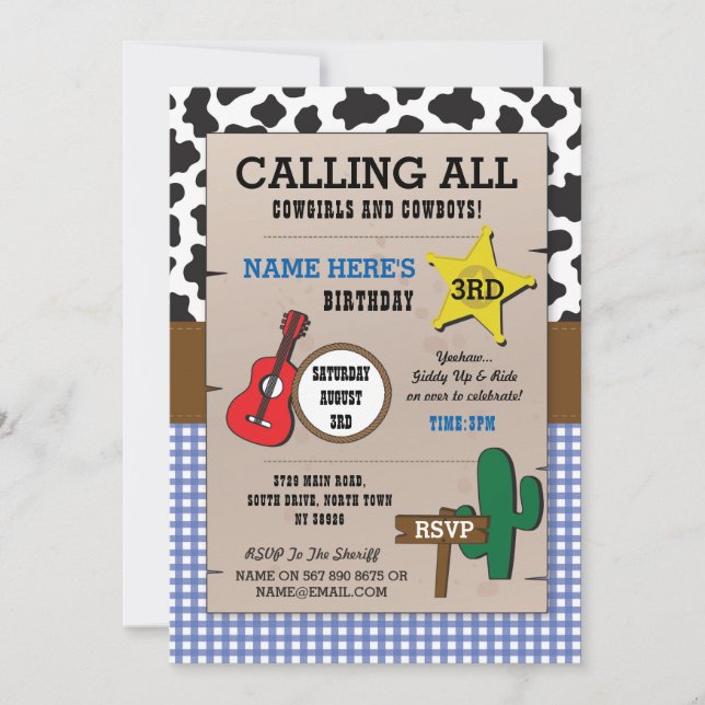 Cowboys Blue Karo Birthday Sheriff Western Einladu Einladung (Vorderseite)
