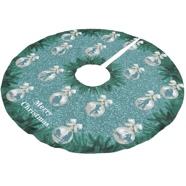 Cowboys Cowgirls, die auf blauem Holiday Tree Skir Polyester Weihnachtsbaumdecke (Schrägansicht)