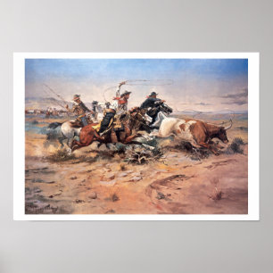 Cowboys, die eine Ochse anziehen, 1897 (Öl auf Lei Poster