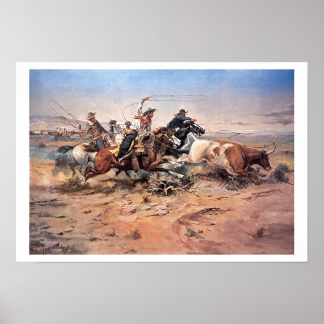 Cowboys, die eine Ochse anziehen, 1897 (Öl auf Lei Poster (Vorne)
