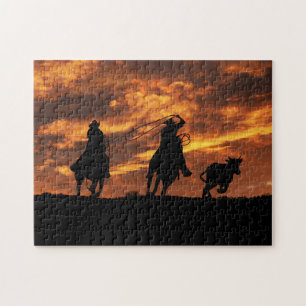 Cowboys raufen bei Sunset Rustic Puzzle