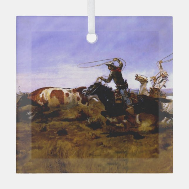 "Cowboys Roping a Steer" von Charles M Russell Ornament Aus Glas (Vorderseite)