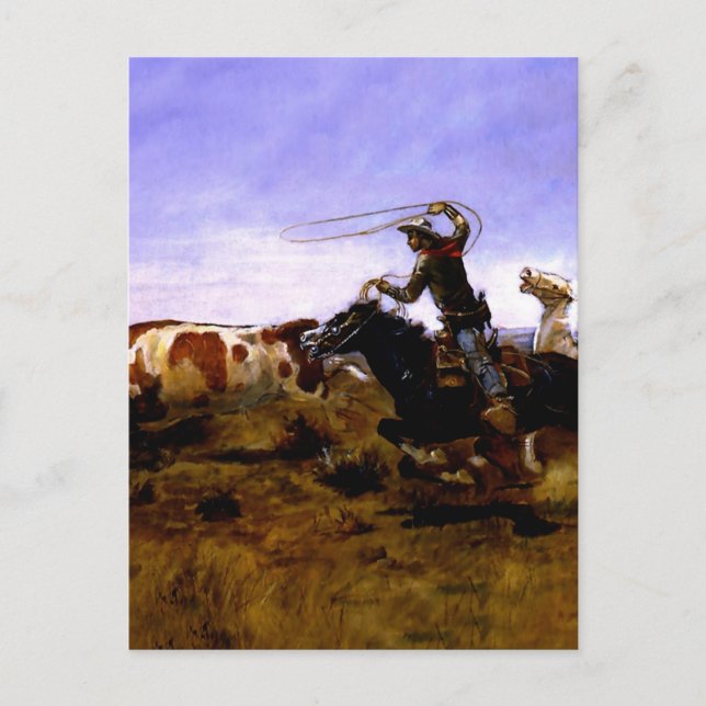 "Cowboys Roping a Steer" von Charles M Russell Postkarte (Vorderseite)