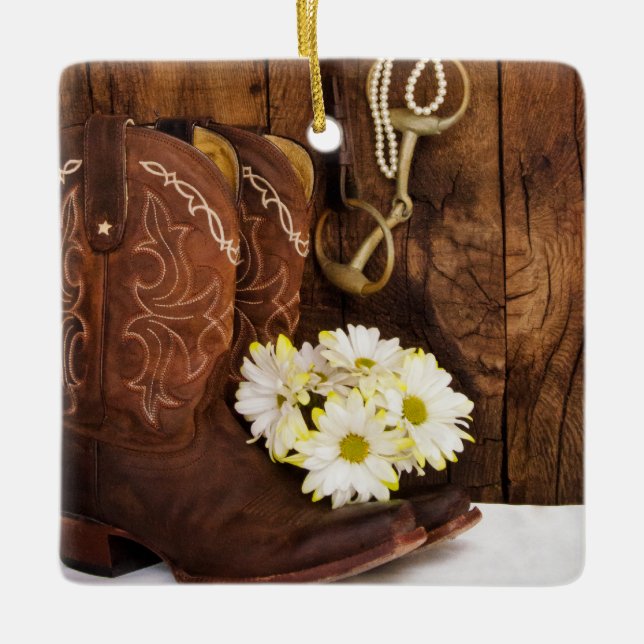 Cowboystiefel, Daisies Horse Bit Country Wedding Keramikornament (Vorderseite)