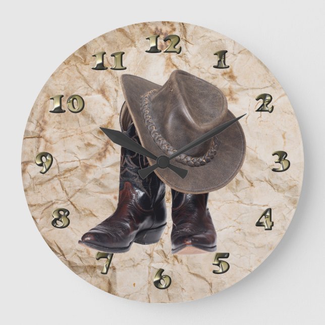 Cowboystiefel und Hut Große Wanduhr (Vorderseite)