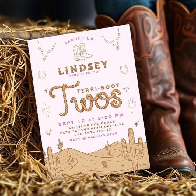 Cowgirl 2nd Birthday Party Terri-Boot Twos Pink Einladung (Von Creator hochgeladen)