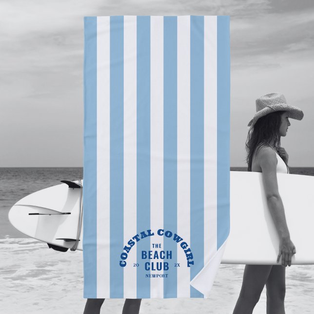 Cowgirl am Strand Der Beach Club Blue Cabana Strei Strandtuch (Von Creator hochgeladen)