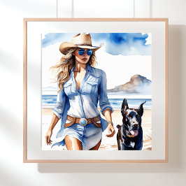 Cowgirl an der Küste mit einem Denim-Kleid am Stra Poster