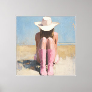 Cowgirl an der Küste saß auf einem Strand mit eine Leinwanddruck