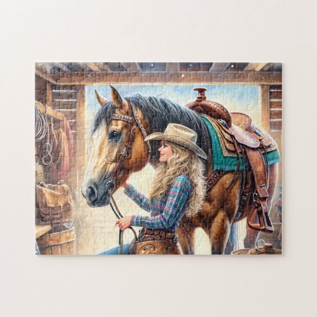 Cowgirl and Horse Rustic Western Barn Puzzle (Horizontal)