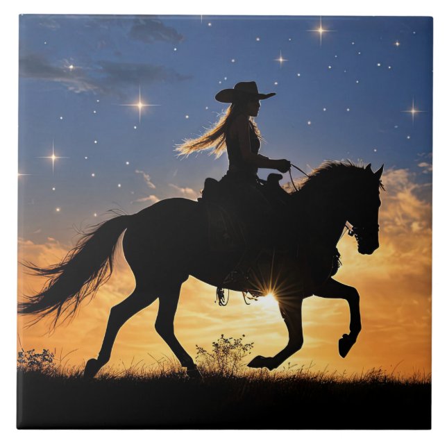 Cowgirl and Horse Sunset Fantasy Country Western Fliese (Vorderseite)
