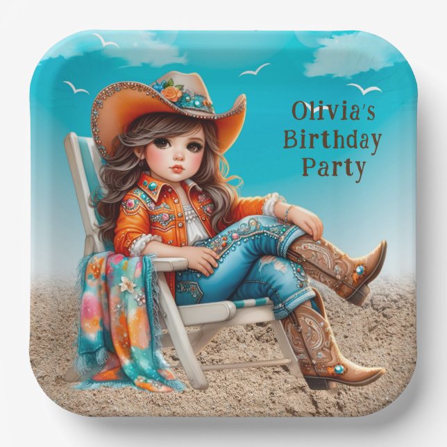 Cowgirl auf der Beach Girl Birthday Party Pappteller (Vorderseite)