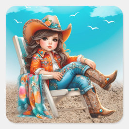 Cowgirl auf der Beach Girl Birthday Party Quadratischer Aufkleber