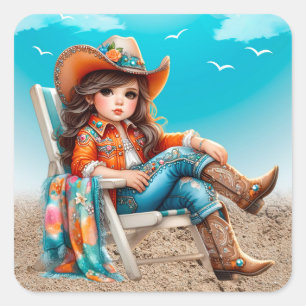Cowgirl auf der Beach Girl Birthday Party Quadratischer Aufkleber