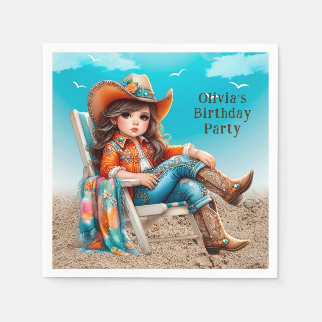 Cowgirl auf der Beach Girl Birthday Party Serviette (Vorderseite)