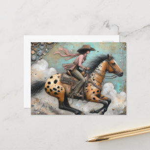 Cowgirl auf einem Appaloosa Pferd Postkarte