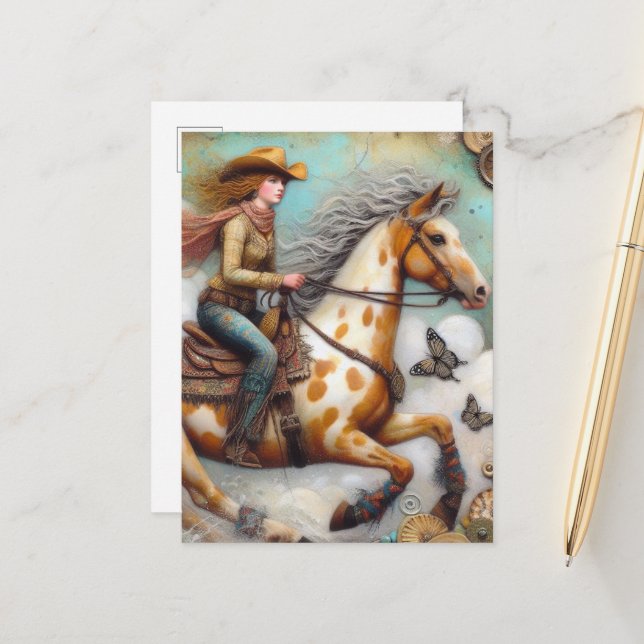Cowgirl auf einem Appaloosa Pferd Postkarte (Vorderseite/Rückseite Beispiel)