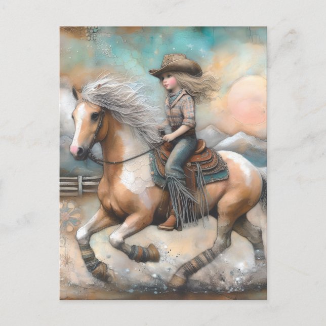 Cowgirl auf einem Pin Postkarte (Vorderseite)