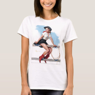Cowgirl auf Zaun Button Up T-Shirt
