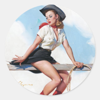 Cowgirl auf Zaun Pin Up Runder Aufkleber