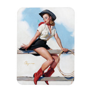 Cowgirl auf Zaun Vintages Button hoch Magnet